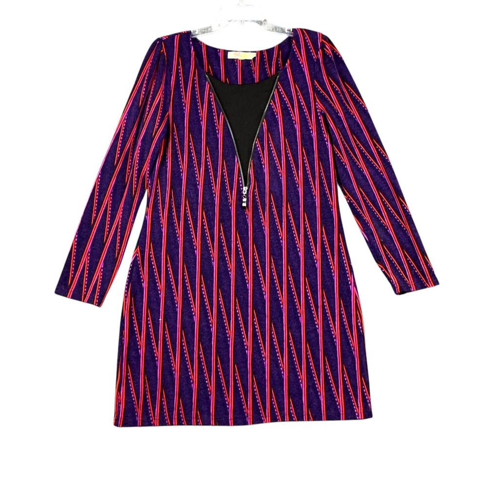 Aryeh Shift Dress Womens Medium Purple Geometric Striped Acrylic Zip Front Retro